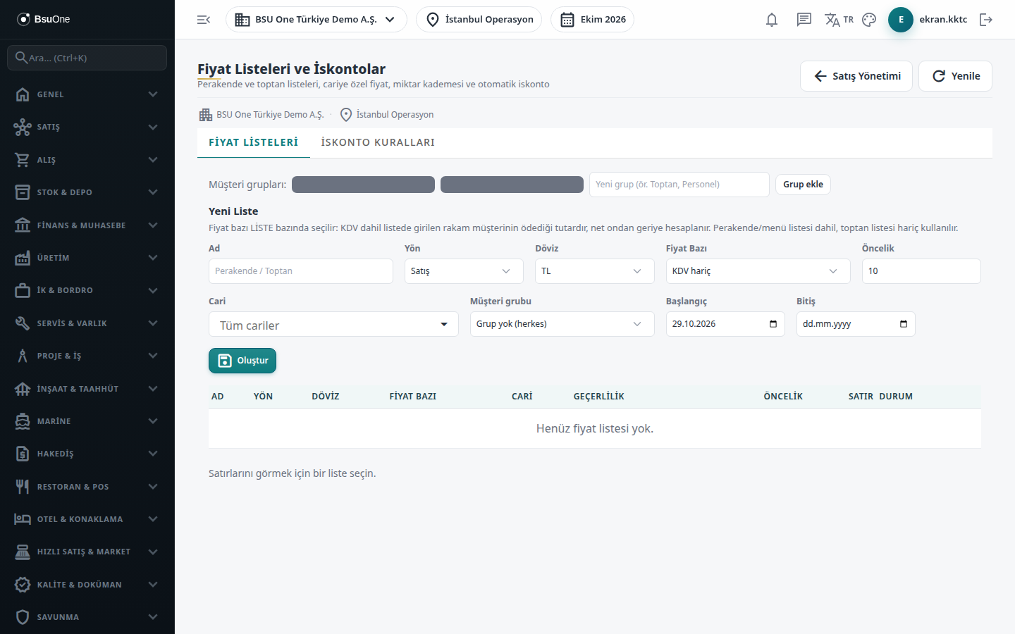 Fiyat Listeleri sekmesi