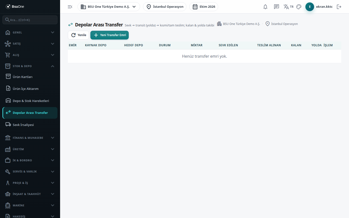 Depolar Arası Transfer ekranı